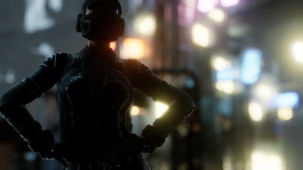 Futuristic Cyberpunk Style Young Woman with Neon Bokeh Lights