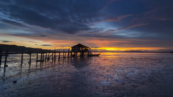 Timelapse view fisherman hut over coastal