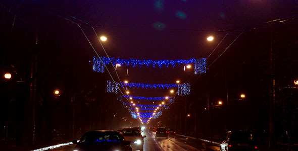 Night Traffic On Boulevard Prepared For Winter