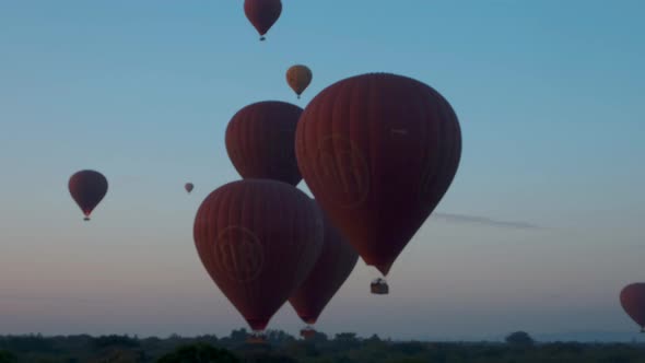 Bagan Myanmar Hot Air Balloon During Sunrise Above Temples and Pagodas of Bagan Myanmar Sunrise