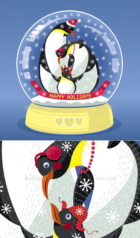 Snowing Globe with Family of Three Penguins