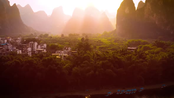 Aerial of the amazing rock formations along the Li River in China