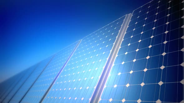 Loopable animation of endless solar energy panels arrangement at clear blue sky