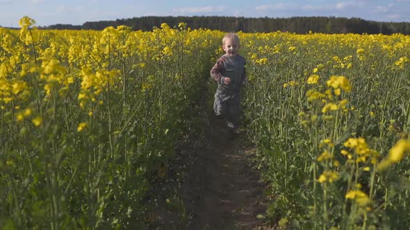 A Little Boy Runs Across the Rapeseed Field.