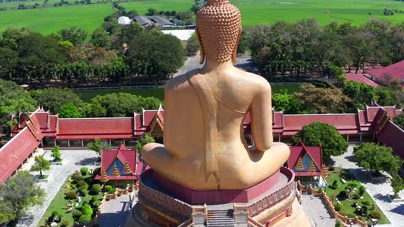 Aerial View of Wat Pikul Thong Phra Aram Luang or Wat Luang Por Pae Temple with Giant Buddha in Sing