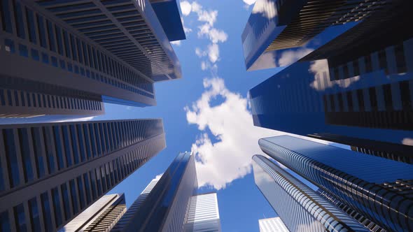 3d render of abstract bright city with skyscrapers. Simple forms of buildings in daylight.