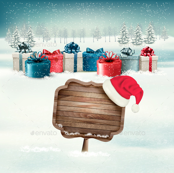 Winter Background with Gift Boxes and Sign