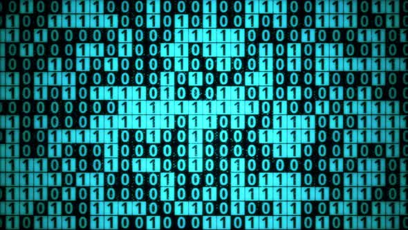 Blue digital binary code matrix on computer monitor display screen