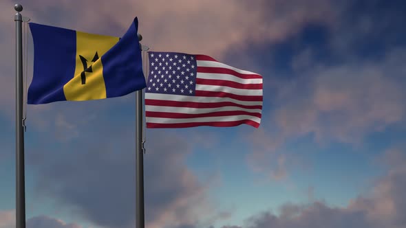 Barbados Flag Waving Along With The National Flag Of The USA - 4K