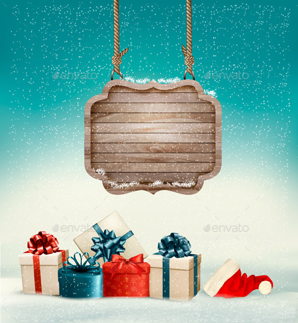 Christmas Background with a Retro Wooden Sign