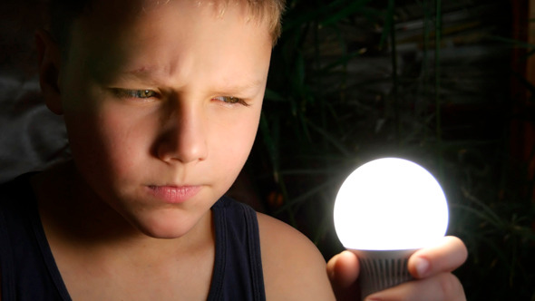 Boy Holds In Hand Light Bulb