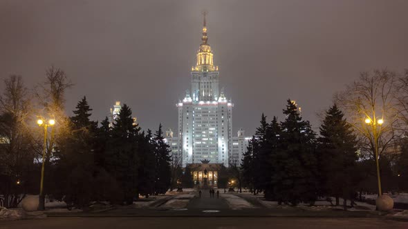 The Main Building Of Moscow State University On Sparrow Hills At Winter Timelapse at Night