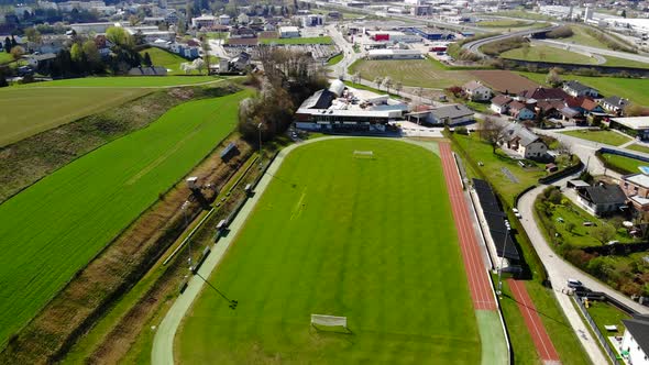 Drone Video of an Soccer field in an Village in Upper Austria