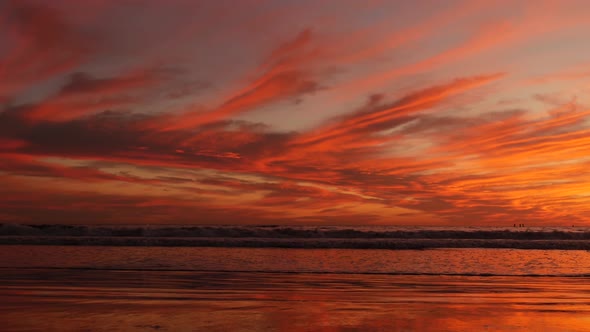 California Summertime Beach Aesthetic, Golden Sunset. Vivid Dramatic Clouds Over Pacific Ocean Waves