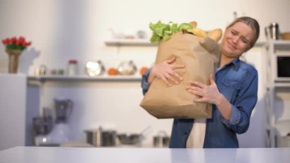 Girl Carrying Heavy Pack of Groceries, Problems With Delivery, Offline Shopping