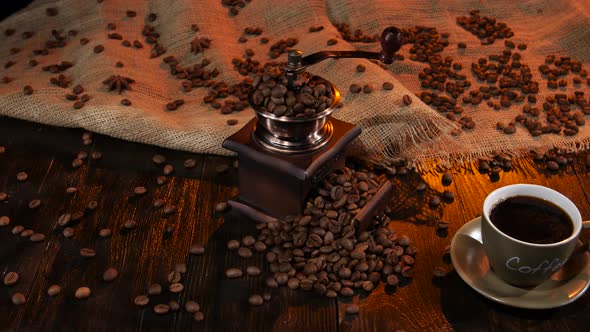 Cup Black Hot Coffee and Beans Scattered on the Table