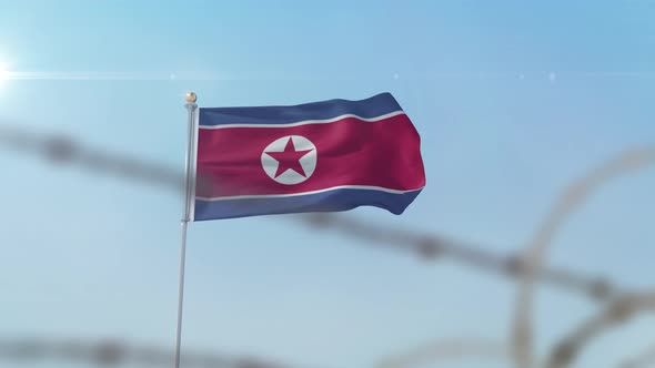 Korea North Flag Behind Border