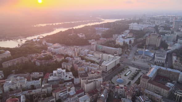 Kyiv Kiev Ukraine at Dawn in the Morning. Aerial View