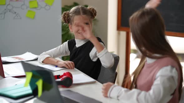 Charming Positive Teenage Schoolgirl Gesturing Highfive with Classmate Sitting at Desk in Classroom