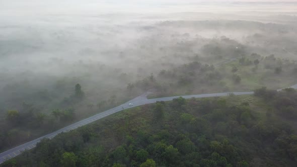 Aerial view car drive on the road at forest near MBI Desaku, Kulim, Kedah