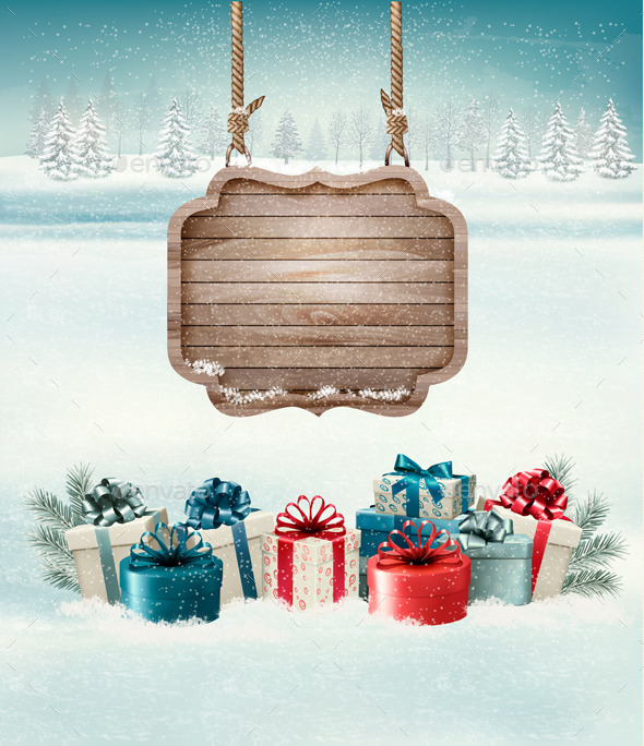 Christmas Background with a Retro Wooden Sign