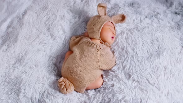 Back view happy newborn baby weaing cute rabbit costume lying sleep