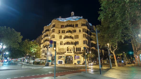 Architecture Detail of Casa Mila Night Timelapse Hyperlapse, Better Known As La Pedrera