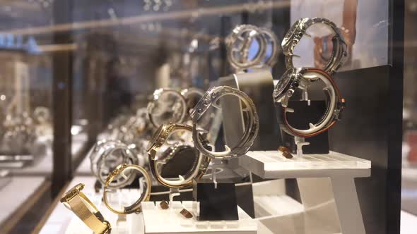 Side View of Display with Watches in Shopping Mall