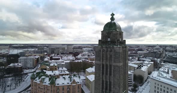 Church in Helsinki after a dusting of snow. Orbiting aerial shot.