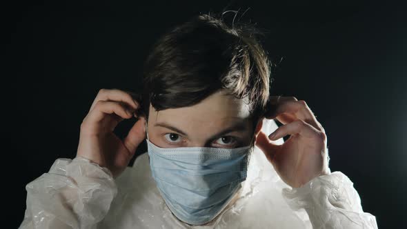 Coronavirus Infection. Young Man Puts on Medical Mask and White Jumpsuit with Hood and Thumbs Up