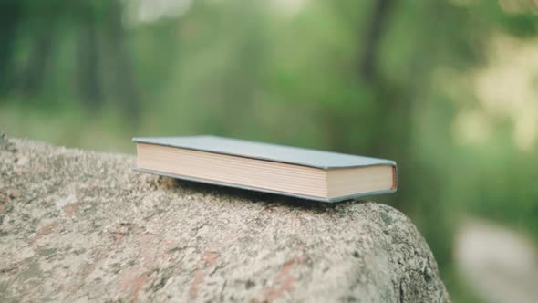 Closed Book On A Rock With Blurred Green Nature In The Background. - close up