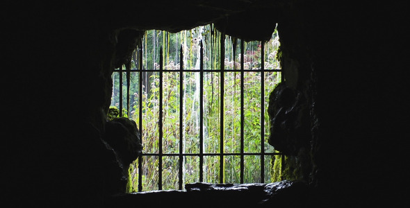 Waterfall and Nature Behind Iron Fence in Cave 1