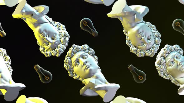 Eccentric Animation with Multiple 3D background of Greek bust with idea lamps