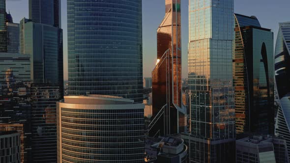 Aerial Drone Zoom Out of Moscow City Skyscrapers During Sunset