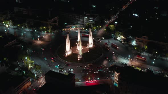 Aerial View of Democracy Monument By Night in Old Town Bangkok Thailand