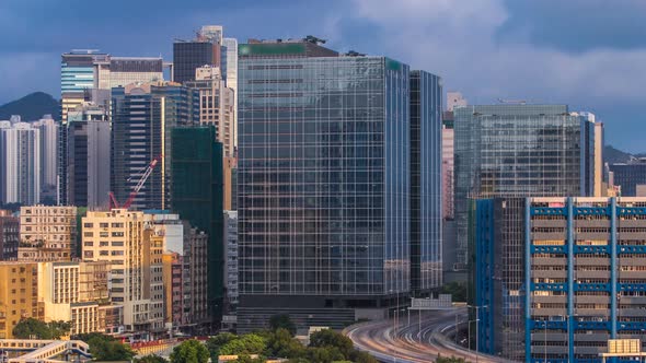 Top View of Busy Traffic Day in Finance Urban Timelapse Hong Kong City