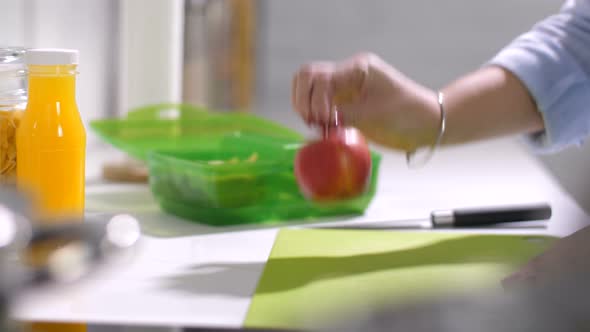 Mother Packing Meal for School Lunch Into Box