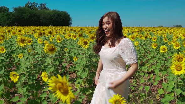 slow-motion of cheerful woman walking and enjoying with sunflower field