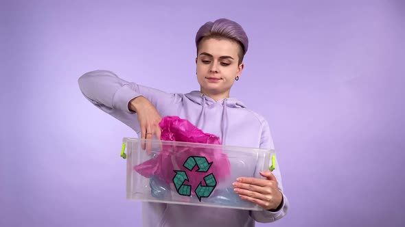 Confident Person Gen Z Throwing Out Plastic Into Recycling Container