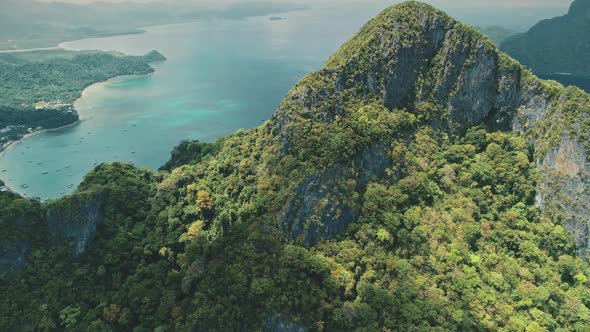 Mountain Top with Green Tropic Forest at Ocean Harbor. Aerial Birds-eye View of Vessels, Boats, Ship