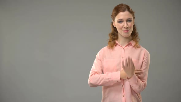 Woman Saying Good Morning in Sign Language, Teacher Showing Words in Asl Lesson