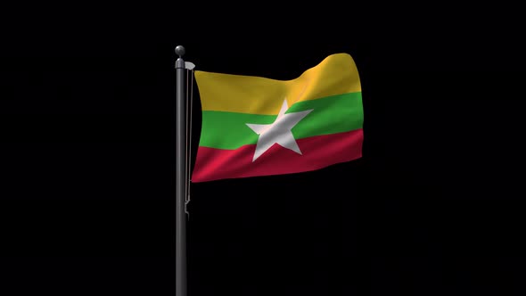 Myanmar Flag On Flagpole With Alpha Channel   4 K