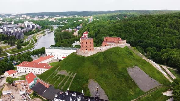 Vilnius downtown with Iconic Gediminas Castle, aerial orbit view