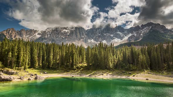 Timelapse of Mountain Carezza lake, Dolomites, Italy