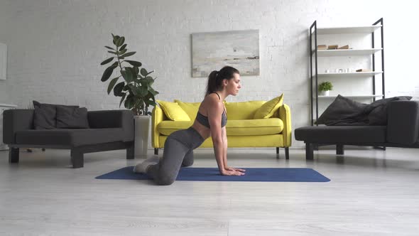 Beautiful Young Woman Does Exercises for the Abdomen on the Mat in the Room