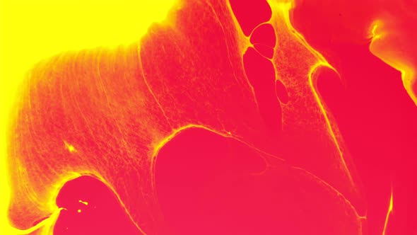 Dynamic Colorful Mixing of Waves and Swirls of Liquid Ink in Yellow and Red Shades in Slow Motion
