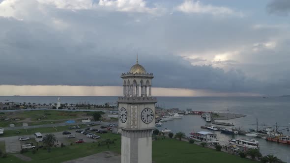 Batumi, Georgia - Jule 28 2020: Aerial view of Chacha tower with big clock.