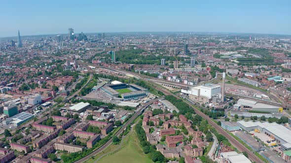 Stationary drone shot over Bermondsy millwall stadium south London