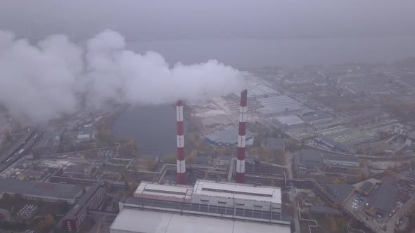 Smoke Comes From the Chimney. Aerial. Air Pollution. Ecology. Kyiv. Ukraine.