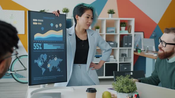 Business Team of Young People Listening To Asian Woman Making Presentation with Electronic Board